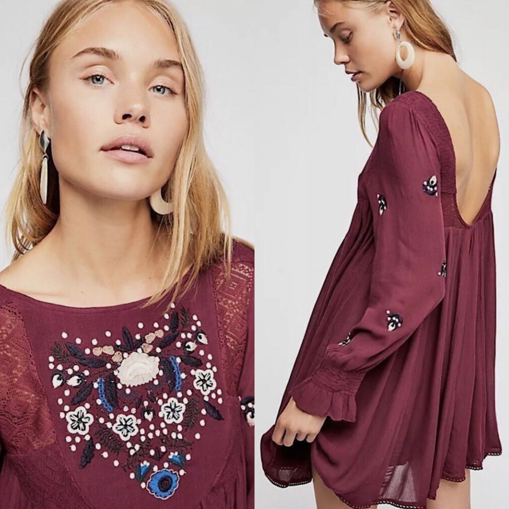 Free People Mohave Embroidered Daytime Woven Mini Dress S Maroon‎ Boho Holiday